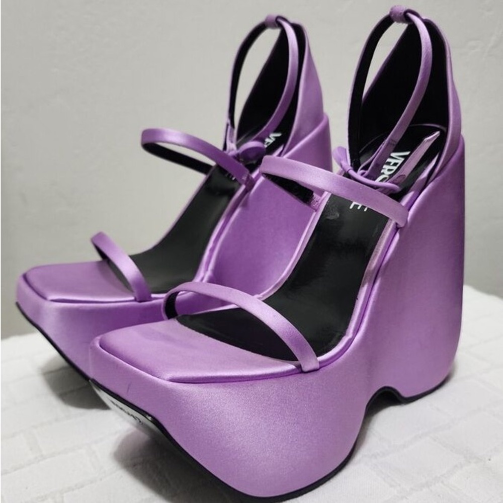 Versace Purple Safety Pin Satin Platform Wedge Sandals